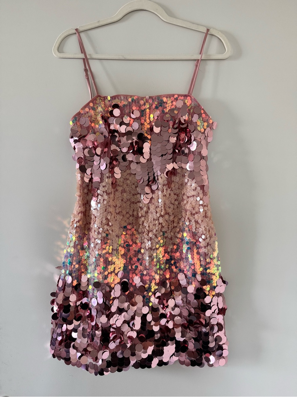 12th Tribe Pink Sequin Mini Dress with Spaghetti Straps - Size S